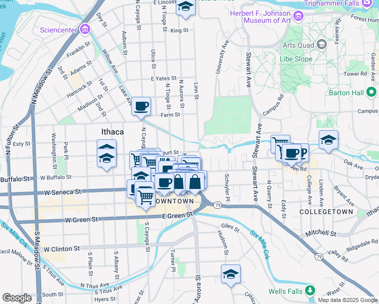 map of restaurants, bars, coffee shops, grocery stores, and more near 301 Ithaca Road in Ithaca