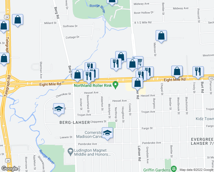 map of restaurants, bars, coffee shops, grocery stores, and more near 22341 Michigan 102 in Detroit