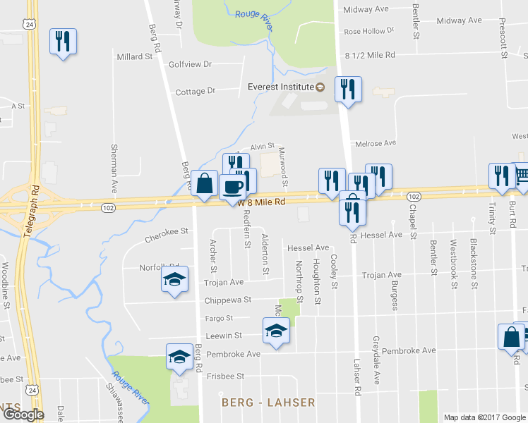 map of restaurants, bars, coffee shops, grocery stores, and more near West 8 Mile Road in Detroit