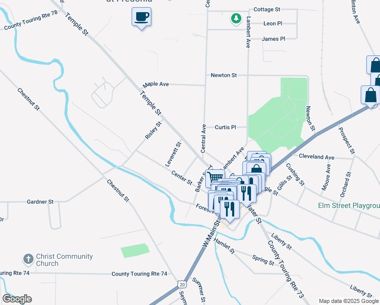 map of restaurants, bars, coffee shops, grocery stores, and more near 90 Temple Street in Fredonia