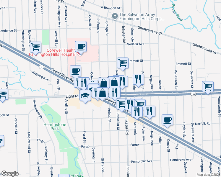 map of restaurants, bars, coffee shops, grocery stores, and more near 20718 Ontaga Street in Farmington Hills
