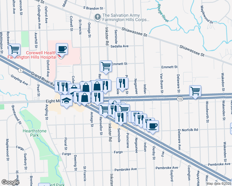 map of restaurants, bars, coffee shops, grocery stores, and more near 20733 Seminole in Southfield