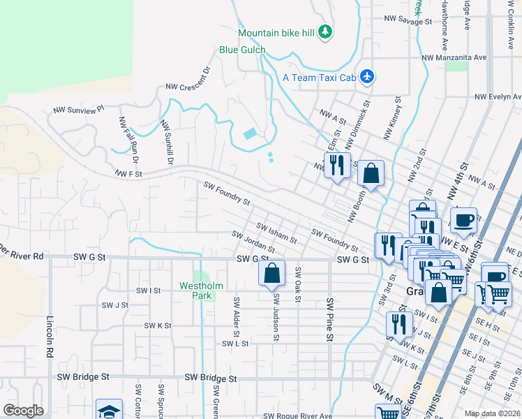 map of restaurants, bars, coffee shops, grocery stores, and more near 16 Southwest Grant Street in Grants Pass