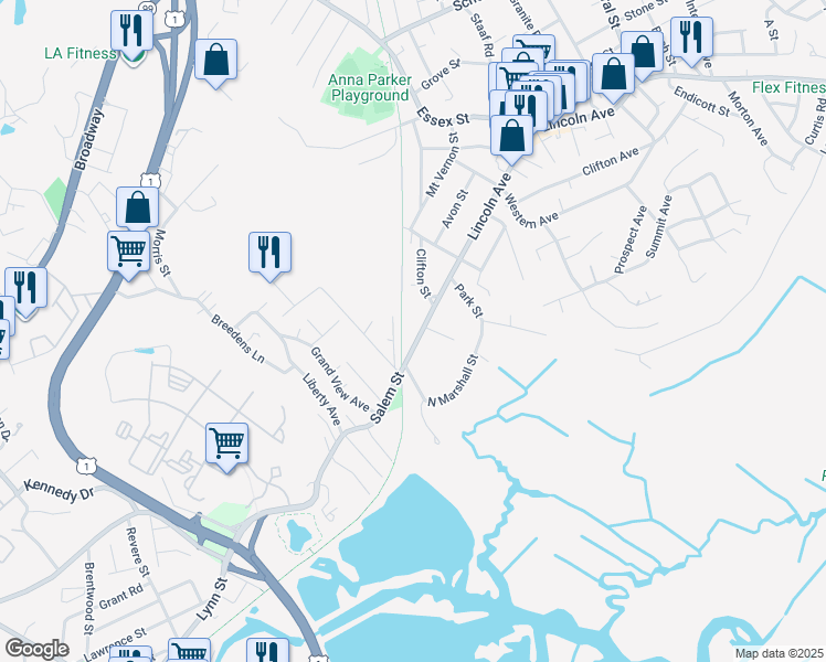 map of restaurants, bars, coffee shops, grocery stores, and more near 292 Salem Street in Revere