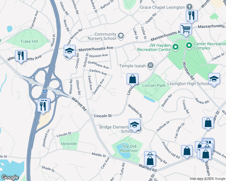 map of restaurants, bars, coffee shops, grocery stores, and more near 179 Lincoln Street in Lexington