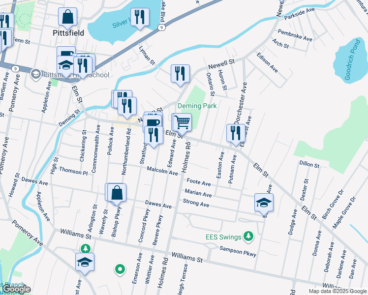 map of restaurants, bars, coffee shops, grocery stores, and more near 25 Edward Avenue in Pittsfield