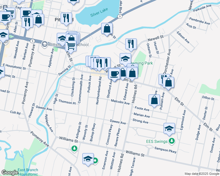 map of restaurants, bars, coffee shops, grocery stores, and more near 46 Stratford Avenue in Pittsfield