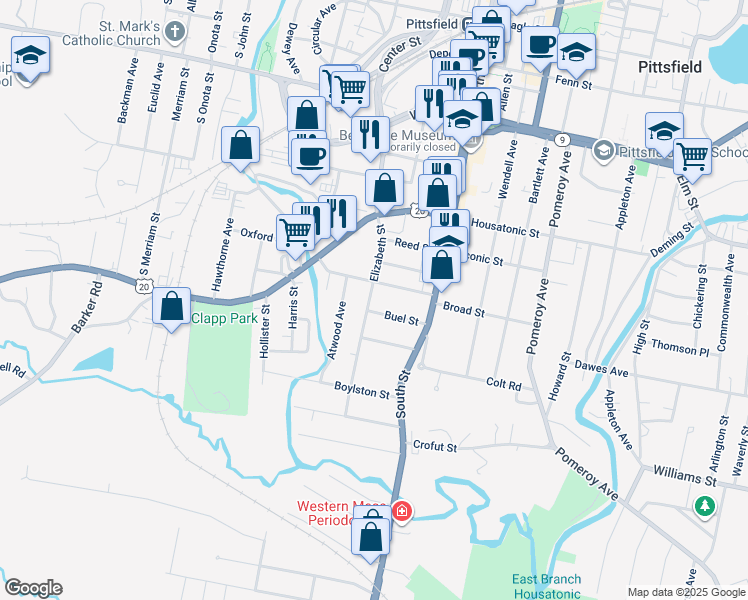 map of restaurants, bars, coffee shops, grocery stores, and more near 70-72 Elizabeth St in Pittsfield