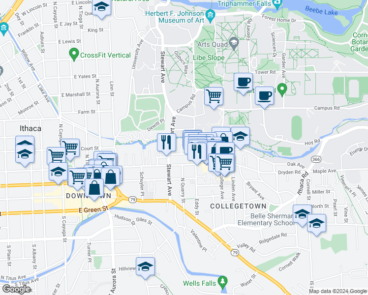 map of restaurants, bars, coffee shops, grocery stores, and more near 422 Eddy Street in Ithaca