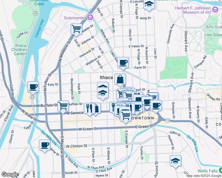 map of restaurants, bars, coffee shops, grocery stores, and more near 207 West Court Street in Ithaca