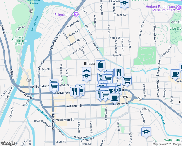 map of restaurants, bars, coffee shops, grocery stores, and more near 207 West Court Street in Ithaca