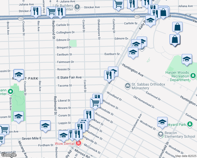 map of restaurants, bars, coffee shops, grocery stores, and more near 16534 East State Fair Avenue in Detroit
