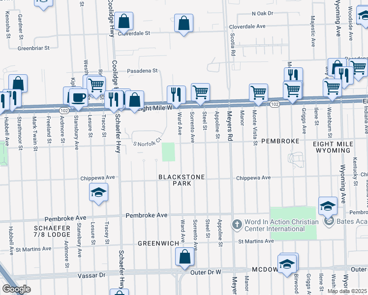 map of restaurants, bars, coffee shops, grocery stores, and more near 20224 Ward Avenue in Detroit
