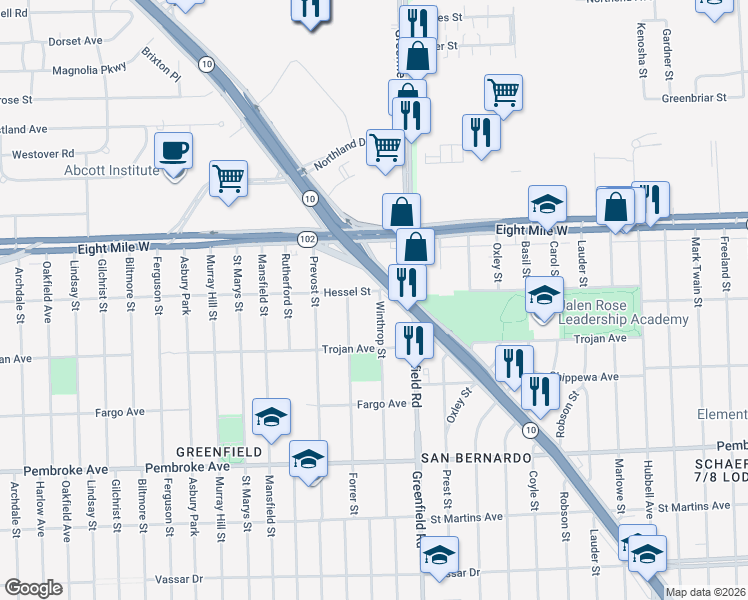 map of restaurants, bars, coffee shops, grocery stores, and more near 20293 Winthrop Street in Detroit