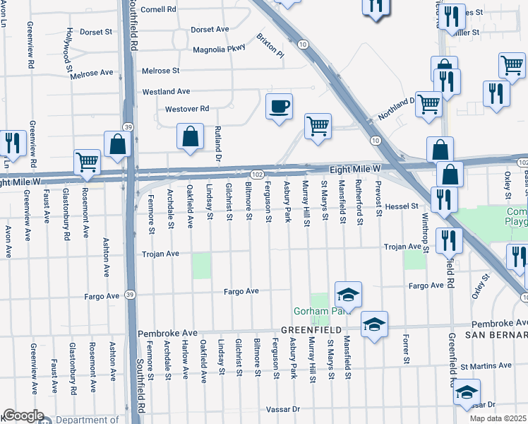 map of restaurants, bars, coffee shops, grocery stores, and more near 20300 Ferguson Street in Detroit