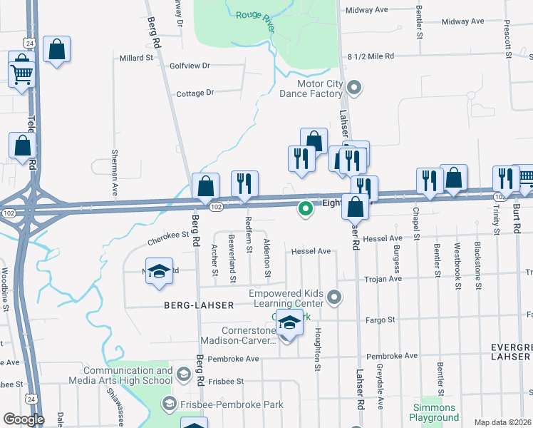 map of restaurants, bars, coffee shops, grocery stores, and more near 22341 Michigan 102 in Detroit