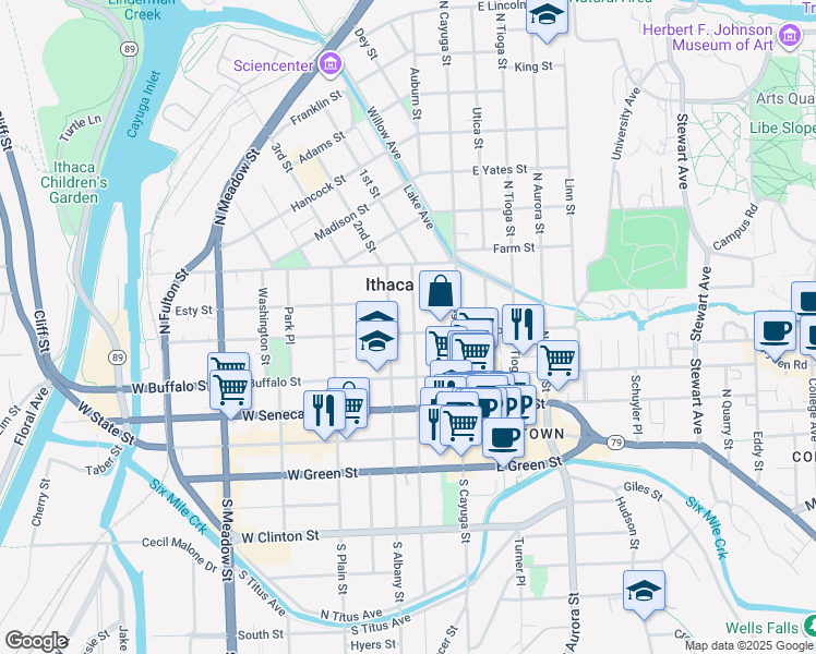 map of restaurants, bars, coffee shops, grocery stores, and more near 402 North Geneva Street in Ithaca
