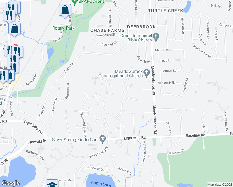 map of restaurants, bars, coffee shops, grocery stores, and more near 21382 East Glen Haven Circle in Northville
