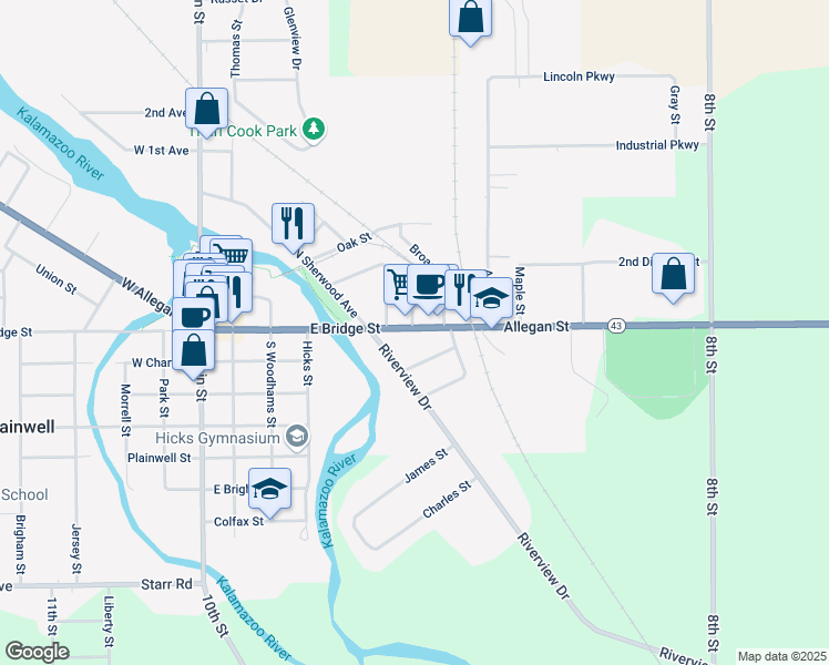 map of restaurants, bars, coffee shops, grocery stores, and more near 524 East Bridge Street in Plainwell