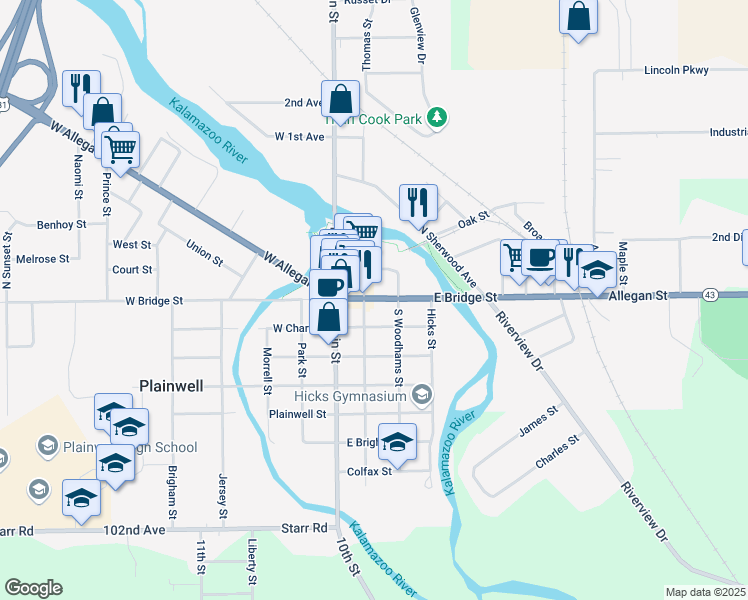 map of restaurants, bars, coffee shops, grocery stores, and more near 226 E Bridge St in Plainwell