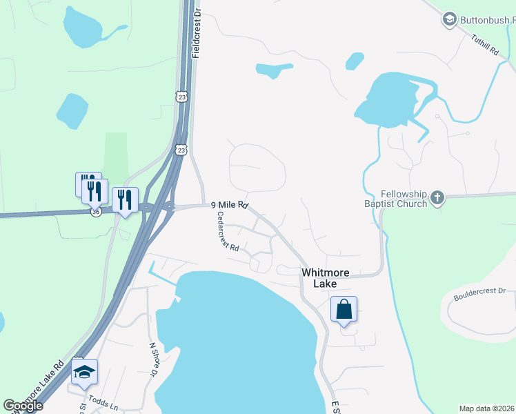 map of restaurants, bars, coffee shops, grocery stores, and more near 10290 9 Mile Road in Whitmore Lake