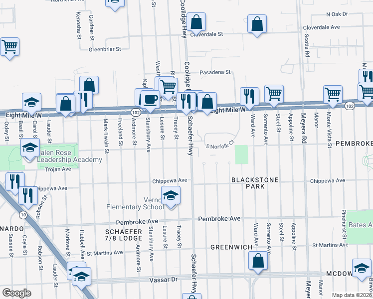 map of restaurants, bars, coffee shops, grocery stores, and more near 20231 Schaefer Highway in Detroit