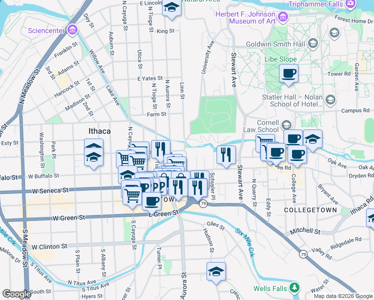 map of restaurants, bars, coffee shops, grocery stores, and more near 406 East Buffalo Street in Ithaca
