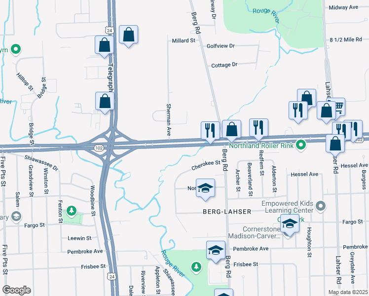 map of restaurants, bars, coffee shops, grocery stores, and more near 23201 Eight Mile West in Detroit