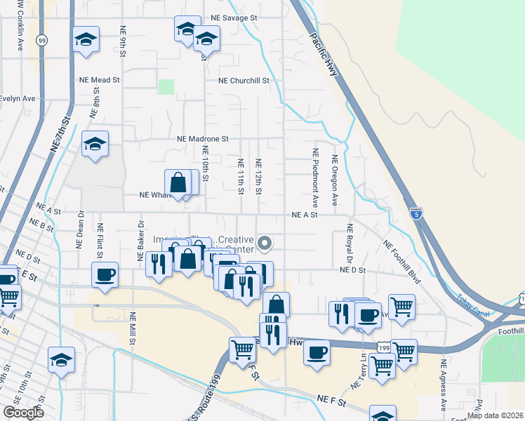 map of restaurants, bars, coffee shops, grocery stores, and more near 1202 Northeast A Street in Grants Pass