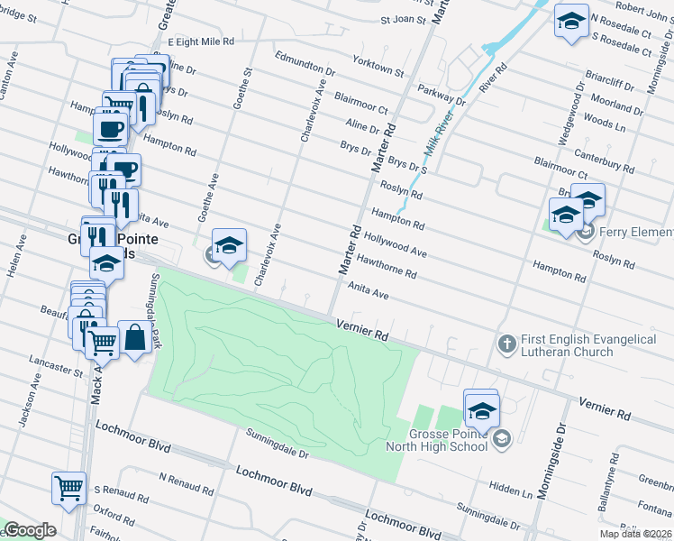 map of restaurants, bars, coffee shops, grocery stores, and more near 1292 Anita Avenue in Grosse Pointe Woods