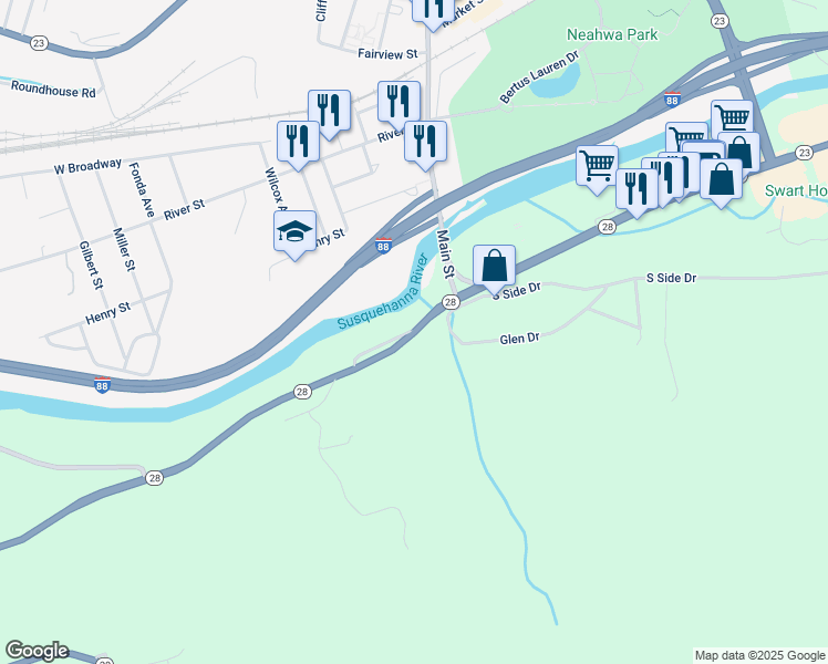 map of restaurants, bars, coffee shops, grocery stores, and more near 99 Bevins Rd in Oneonta