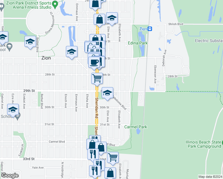 map of restaurants, bars, coffee shops, grocery stores, and more near 1022 29th Street in Zion