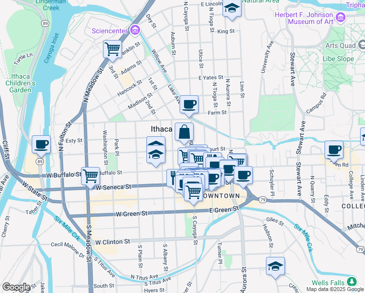 map of restaurants, bars, coffee shops, grocery stores, and more near 114 West Court Street in Ithaca