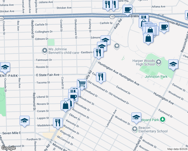 map of restaurants, bars, coffee shops, grocery stores, and more near 18566 Eastwood Drive in Harper Woods