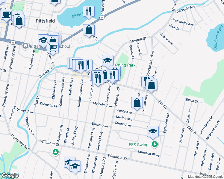map of restaurants, bars, coffee shops, grocery stores, and more near 25 Edward Avenue in Pittsfield
