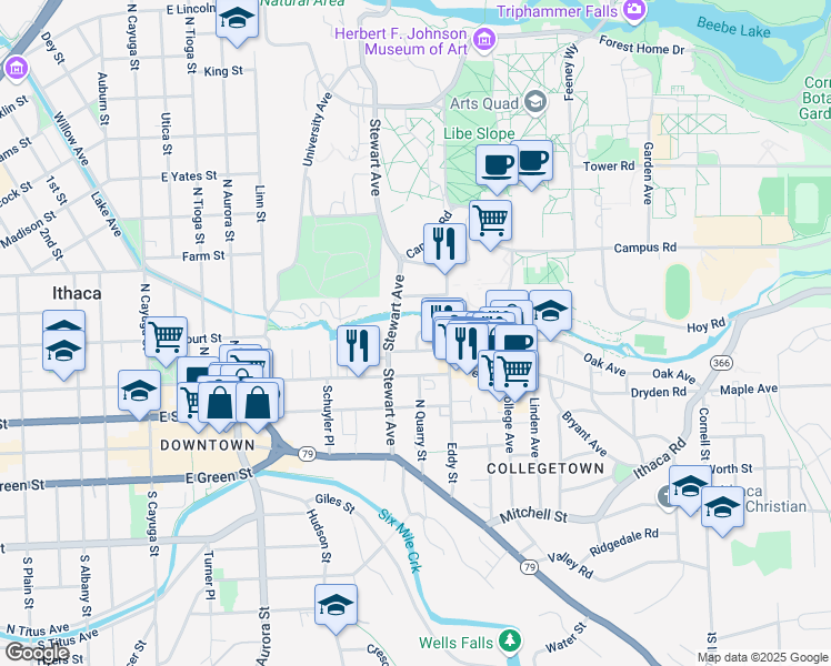 map of restaurants, bars, coffee shops, grocery stores, and more near in Ithaca