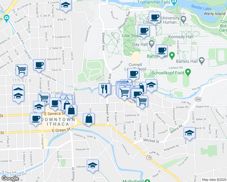 map of restaurants, bars, coffee shops, grocery stores, and more near in Ithaca