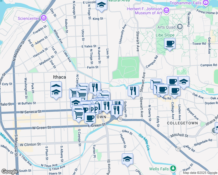 map of restaurants, bars, coffee shops, grocery stores, and more near 406 East Buffalo Street in Ithaca