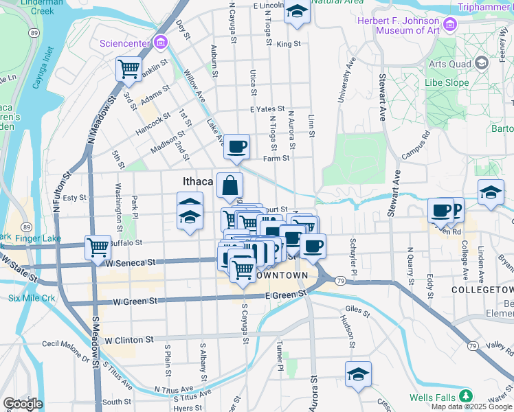 map of restaurants, bars, coffee shops, grocery stores, and more near 315 North Cayuga Street in Ithaca