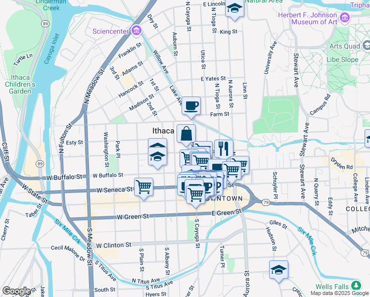 map of restaurants, bars, coffee shops, grocery stores, and more near 114 West Court Street in Ithaca
