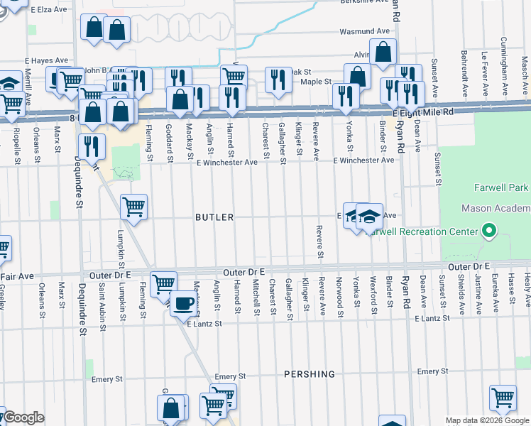 map of restaurants, bars, coffee shops, grocery stores, and more near 20046 Charest Street in Detroit