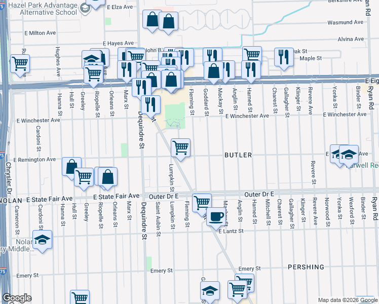 map of restaurants, bars, coffee shops, grocery stores, and more near 2280 East Remington Avenue in Detroit