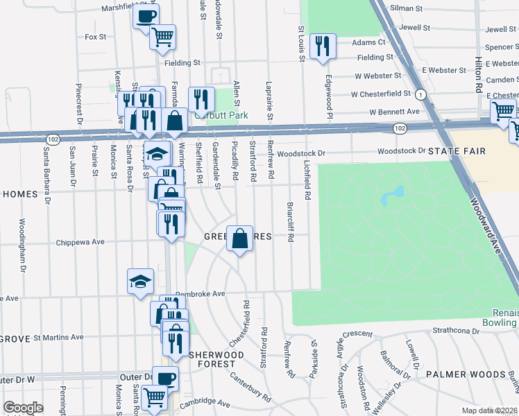 map of restaurants, bars, coffee shops, grocery stores, and more near 20160 Stratford Road in Detroit