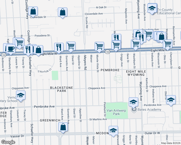 map of restaurants, bars, coffee shops, grocery stores, and more near 20219 Manor Street in Detroit