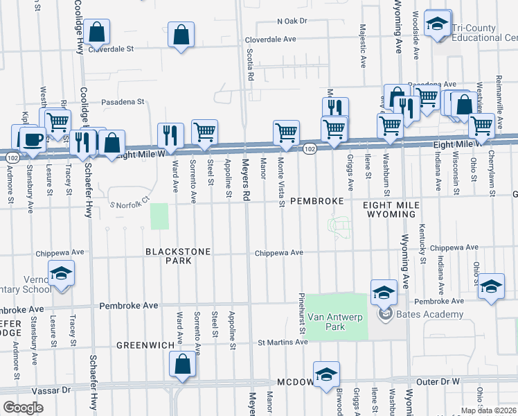 map of restaurants, bars, coffee shops, grocery stores, and more near 20219 Manor Street in Detroit