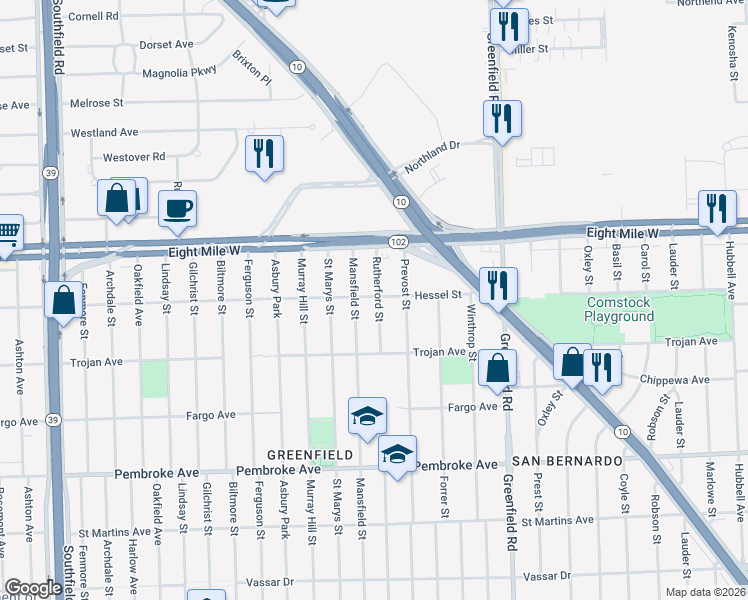 map of restaurants, bars, coffee shops, grocery stores, and more near 20294 Mansfield Street in Detroit
