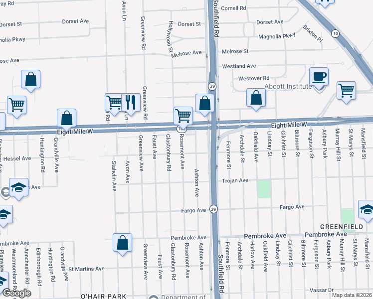 map of restaurants, bars, coffee shops, grocery stores, and more near 20315 Ashton Avenue in Detroit