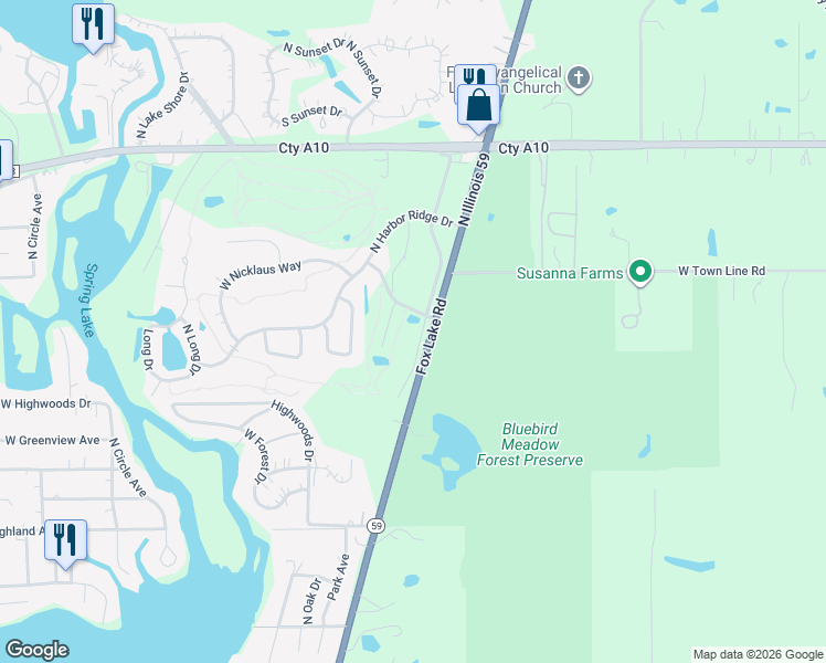 map of restaurants, bars, coffee shops, grocery stores, and more near 39881 North Golf Lane in Antioch