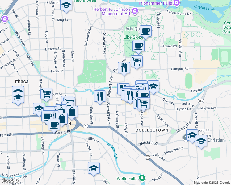 map of restaurants, bars, coffee shops, grocery stores, and more near in Ithaca
