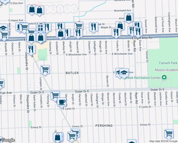map of restaurants, bars, coffee shops, grocery stores, and more near 20046 Charest Street in Detroit